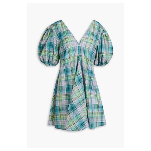 Ganni Puff Sleeve Lagoon Seersucker Check Plaid Mini Dress Preppy Scandi Girl - Picture 3 of 16